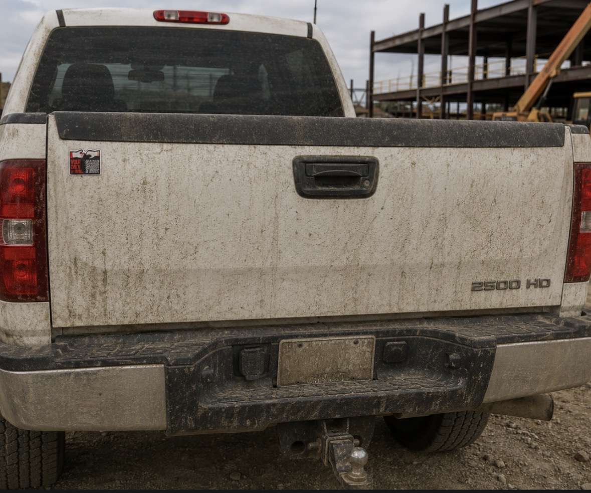 Sticker applied to a truck tailgate