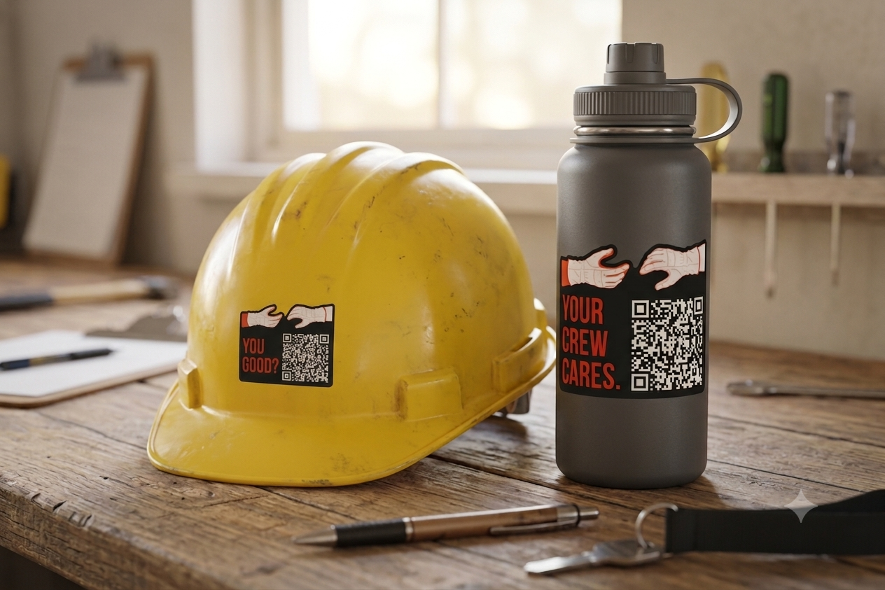 Stickers applied to a hard hat and water bottle